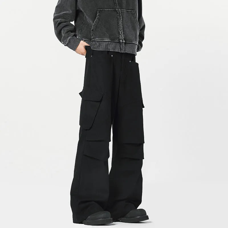 Men's straight leg casual trousers in retro high street style with cardigan button opening