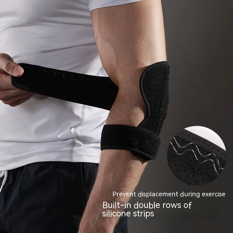 Black adjustable sports elbow guard for adult multi-sport training and protection.