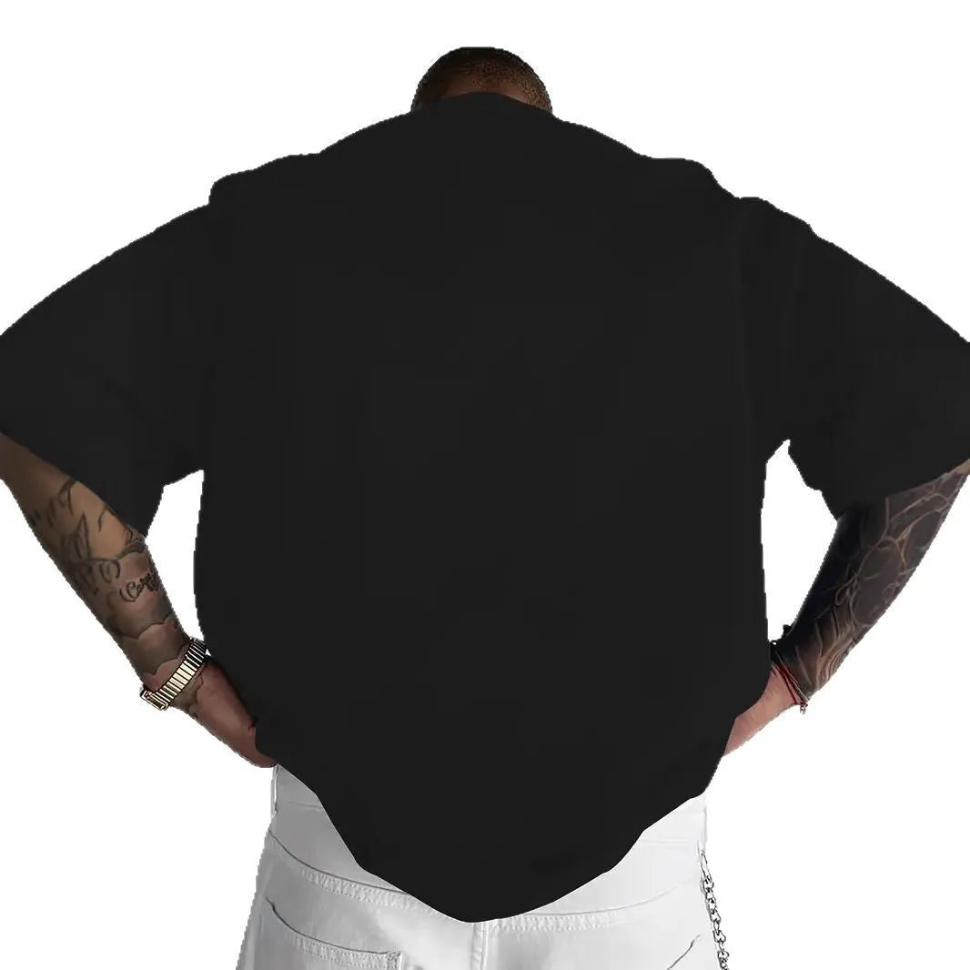 Men's loose letter print short sleeve t-shirt in polyester, round neck pullover, available in white black coral apricot.