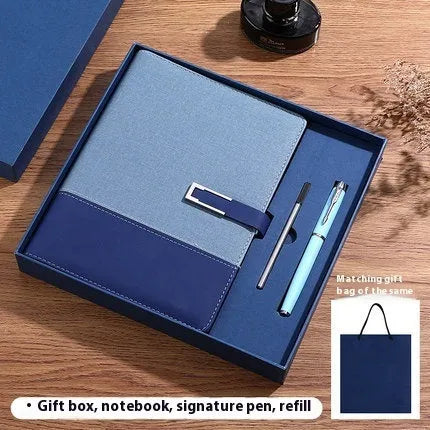 A5 notebook with PU leather cover in Business Brown colour, showing wood-free paper pages and gift box option