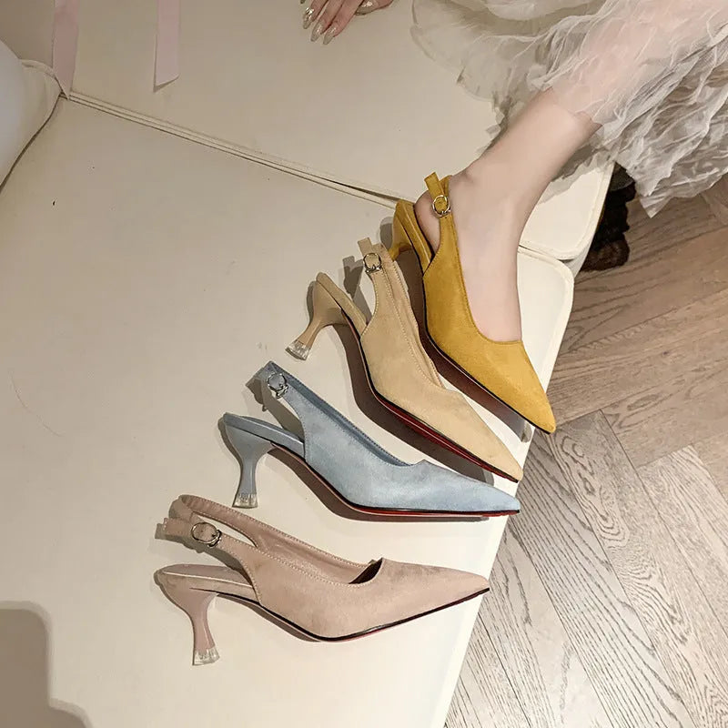 Women's pointed toe stiletto heels in suede with microfiber lining, available in four spring colours
