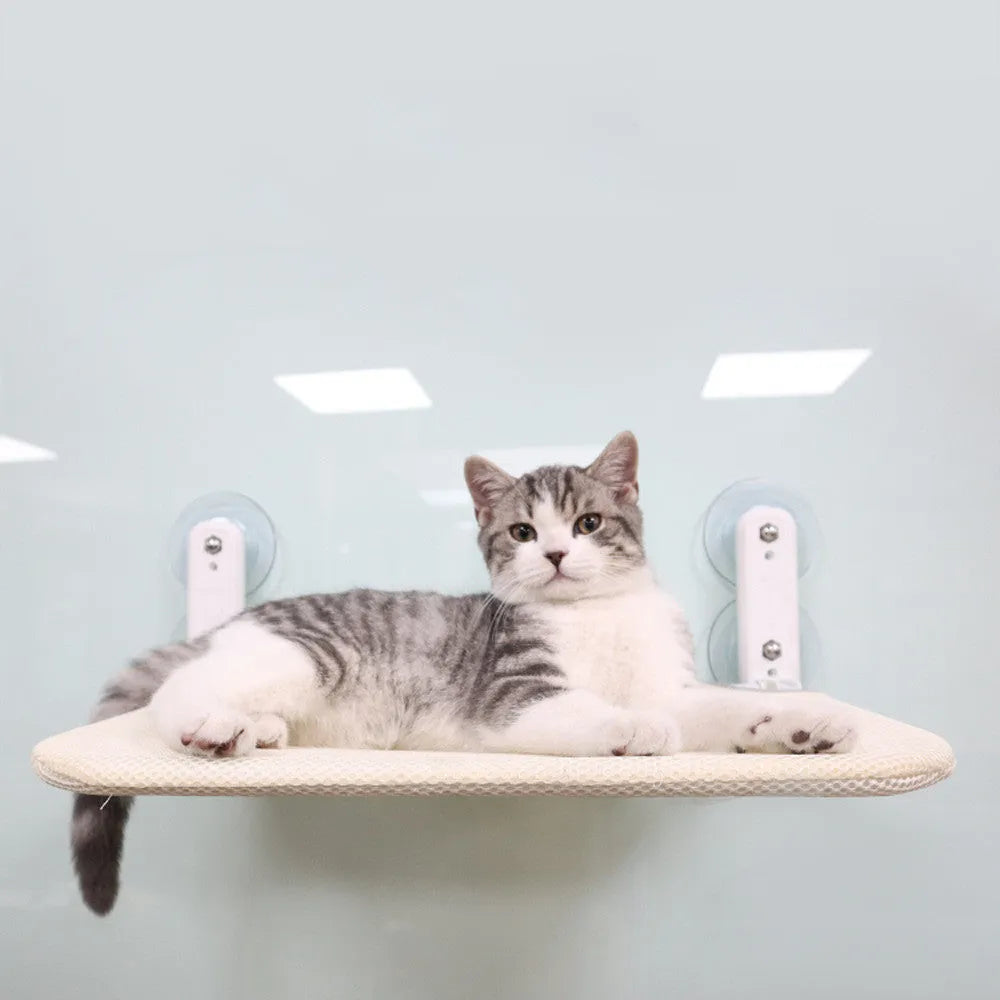 Stainless steel foldable cat window hammock with suction cup attachment in beige mesh, grey mesh, or grey plush options