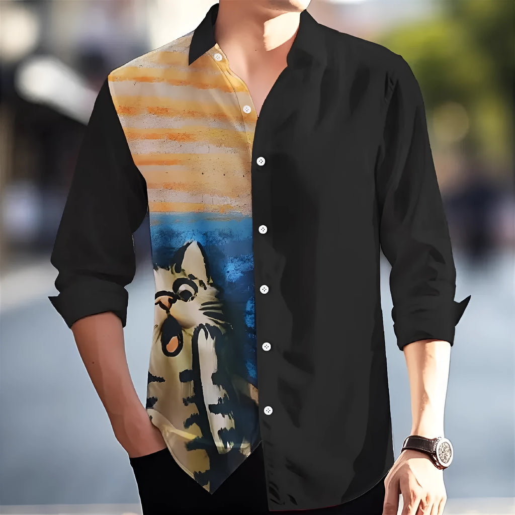 Man wearing a floral print Hawaiian long sleeve shirt with a loose cardigan fit.