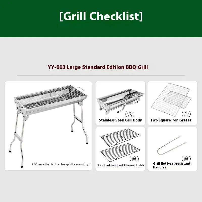 Stainless steel portable barbecue oven with flip design, showing 72cm width and integrated charcoal stove structure