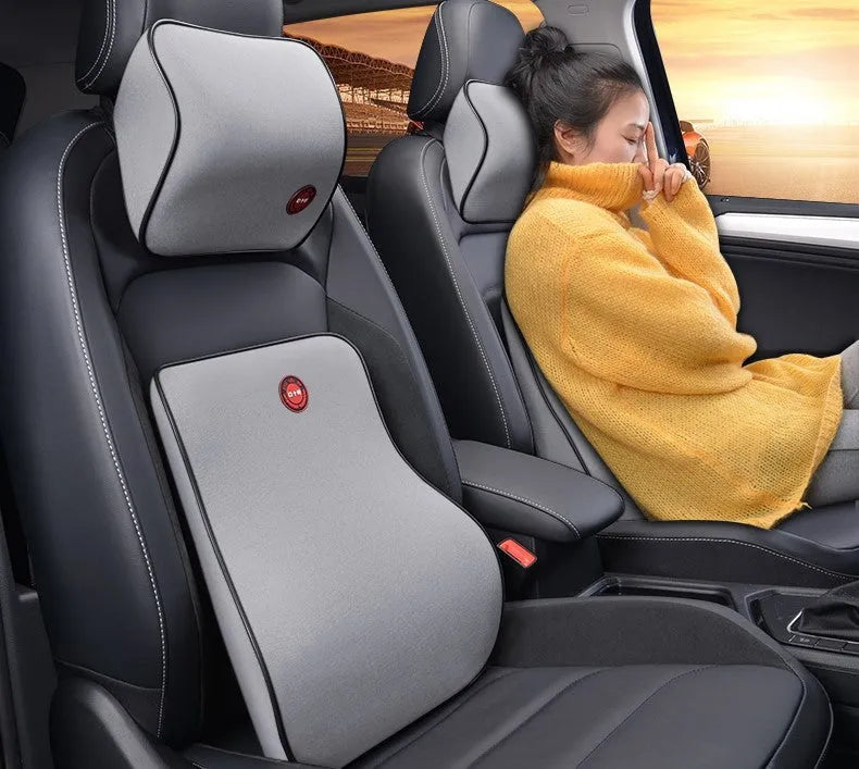 Car headrest neck protector and waist support set in black, coffee, grey or red with polyester cover and memory foam filling