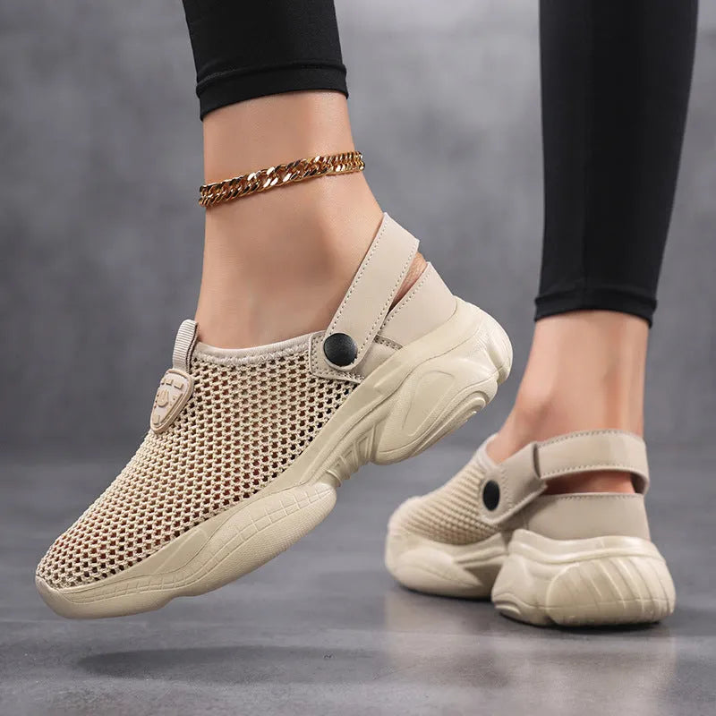 Women's Flyknit casual sports sandal in beige colour showing round toe holder design.