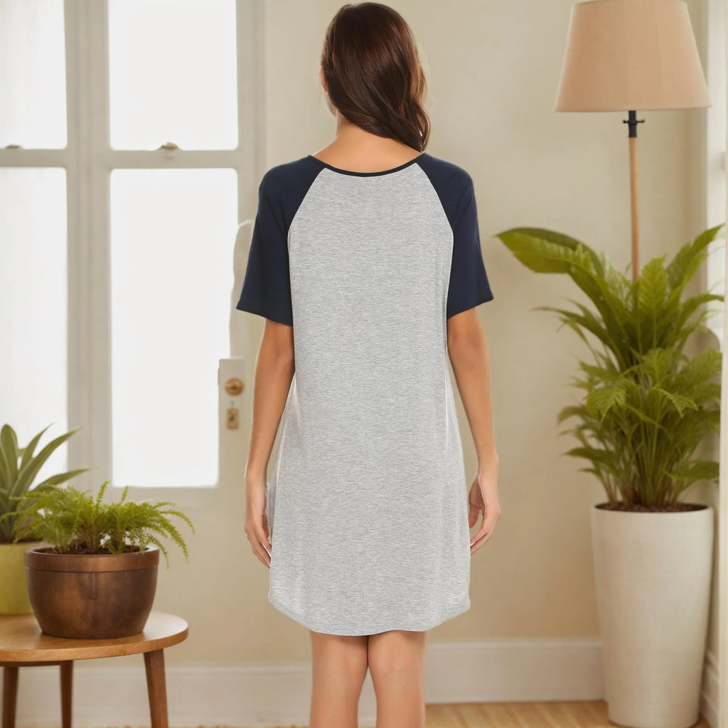 Women's double brushed nightdress with navy blue patchwork sleeves, made from 95% polyester and 5% spandex fabric