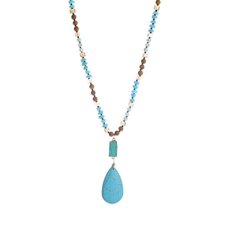 Blue turquoise heart-shaped pendant necklace with water drop silhouette on 81cm ball bead chain