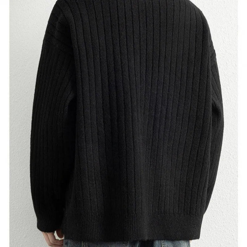 Men's grey half-zip sweater with textured knit and loose pullover design for winter
