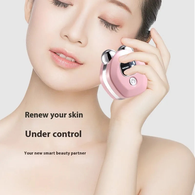 White portable hot compress charging massage instrument with micro current double-rollers for facial skincare