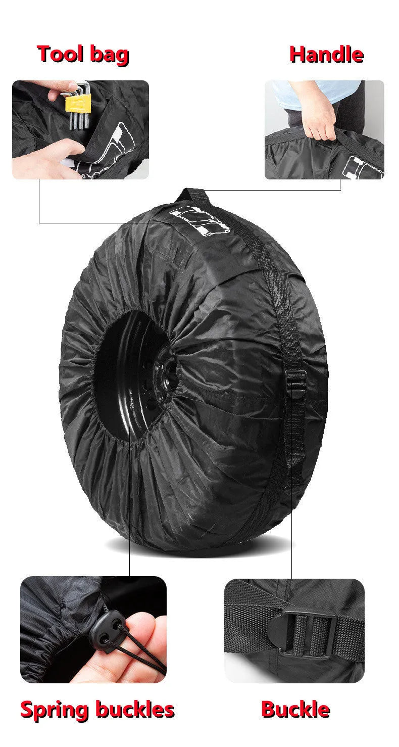 Set of four Oxford Cloth polyester car tyre protective covers in Black Belt and Red Belt styles, shown in S and L sizes.