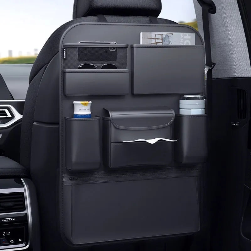 Black leather hanging storage bag with handle for car seat or buggy organisation