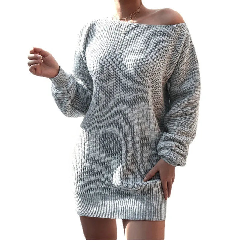 Women's solid colour off-the-shoulder knitted dress with lantern sleeves in a mid-length style.