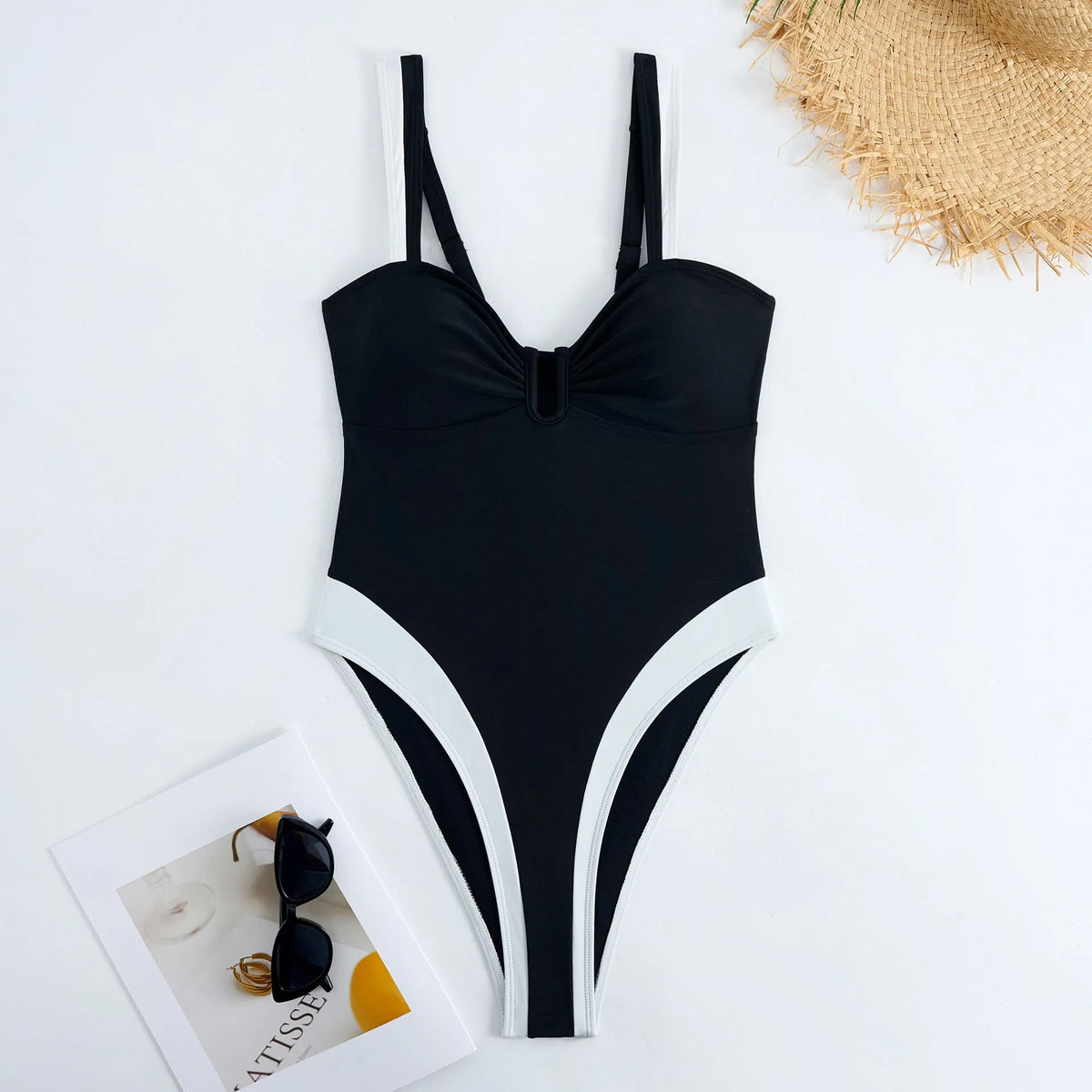 Women's one-piece swimsuit, creative patchwork camisole, nylon, black or white, sizes S to XL