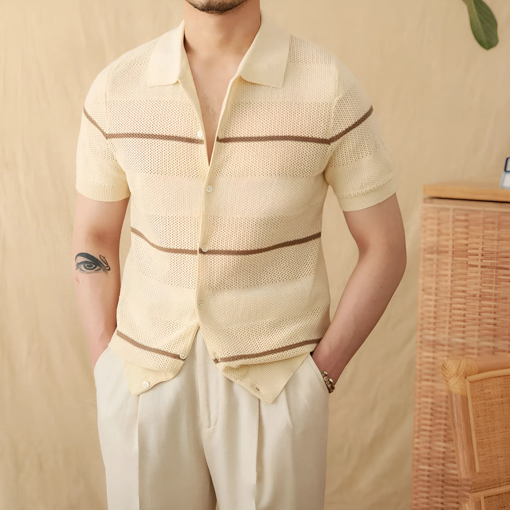 Linen cotton blended cardigan with lapel collar in camel colour, short sleeve design