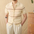 Linen cotton blended cardigan with lapel collar in camel colour, short sleeve design