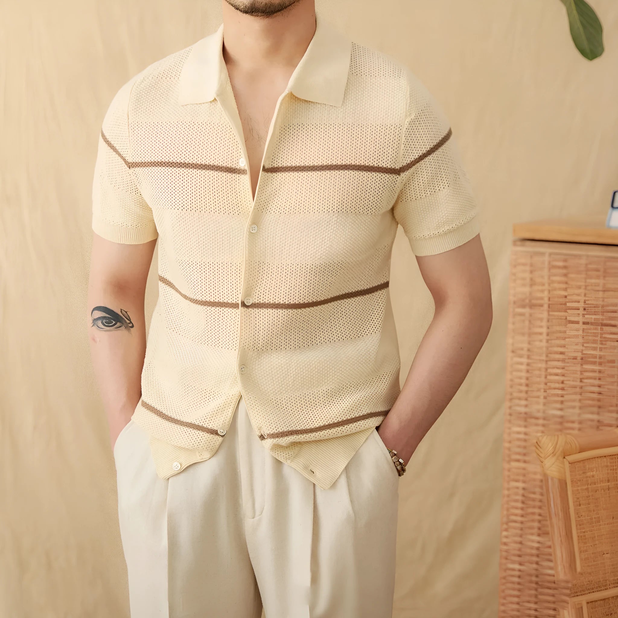 Linen cotton blended cardigan with lapel collar in camel colour, short sleeve design