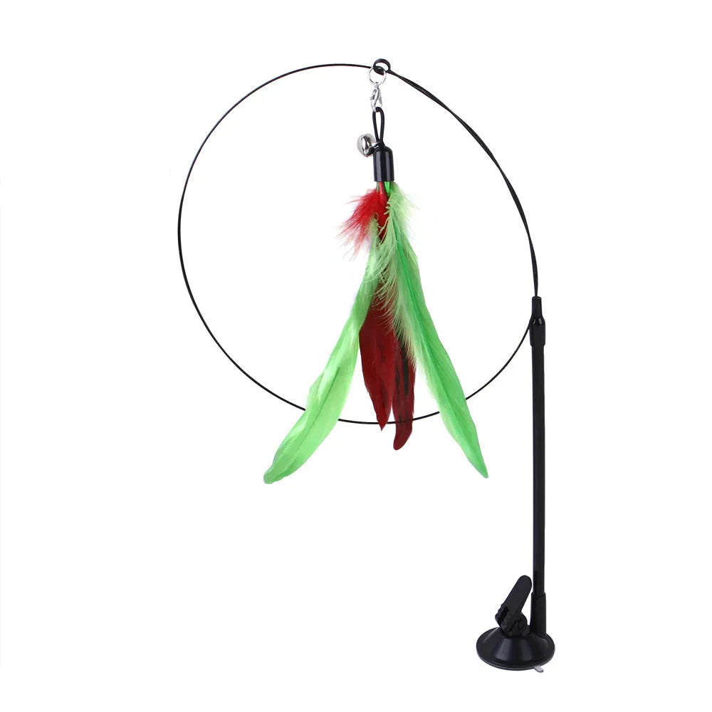 Sucker cat teaser toy with PP body, steel wire wand and replaceable multi-head in blue flying fish, grey strip, grey mouse and green feather options