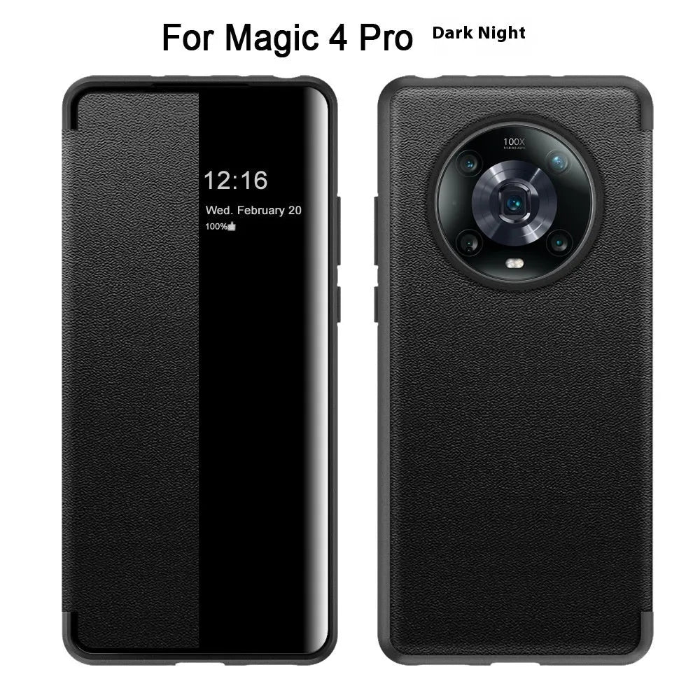 Huawei flip phone case in purple, orange, or black with imitation leather finish and smart sleep window