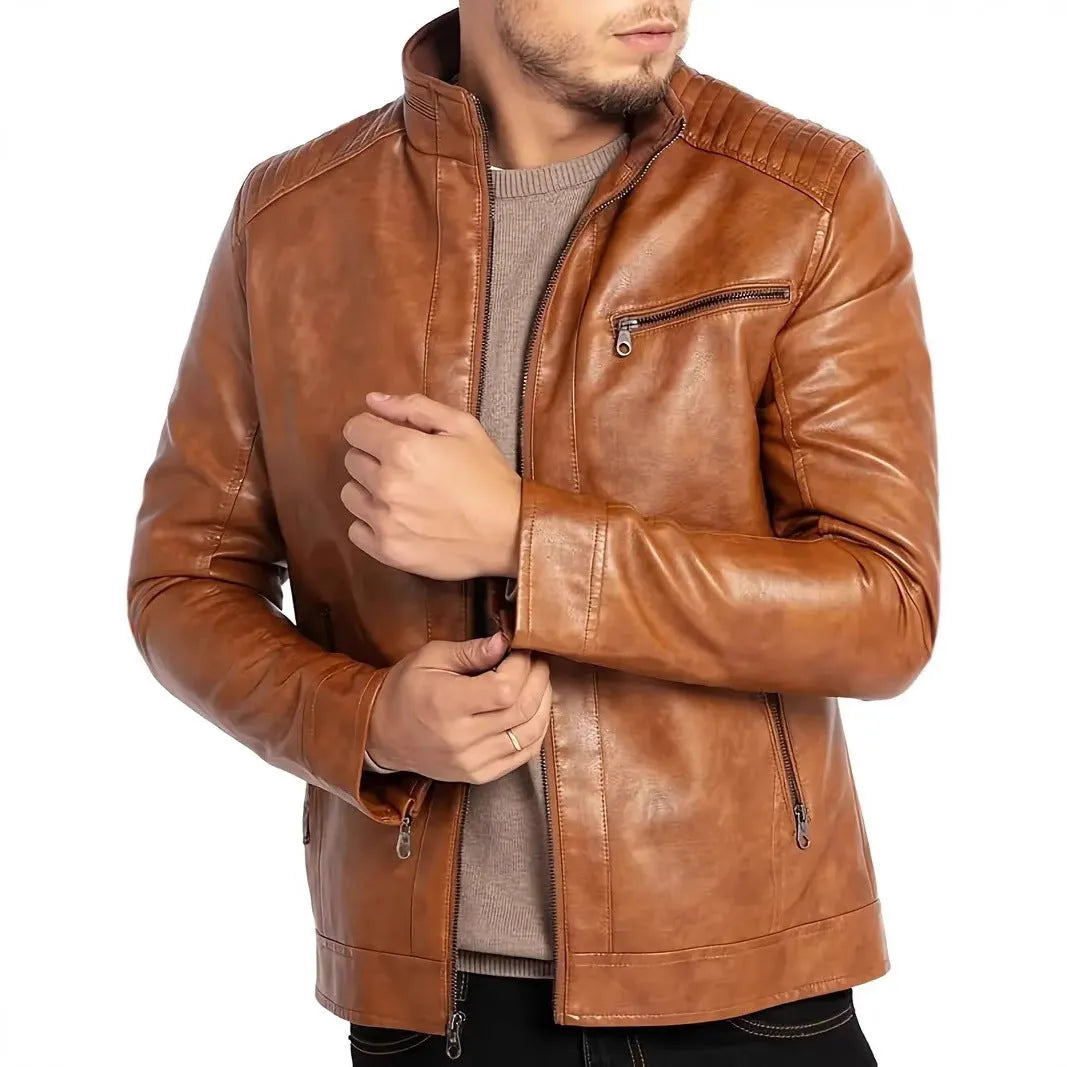 Men's artificial leather motorcycle jacket with stand collar and straight hem design in Army Green colour