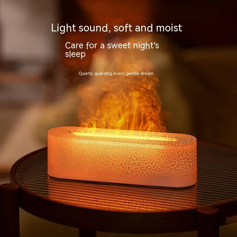 Square desktop humidifier with colourful flame lighting effect, measuring 15x15x20cm, showing water mist emission