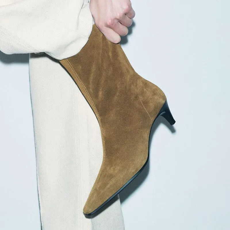 Brown square toe mid-calf boots with side zipper and 3-5cm kitten heel on waterproof platform