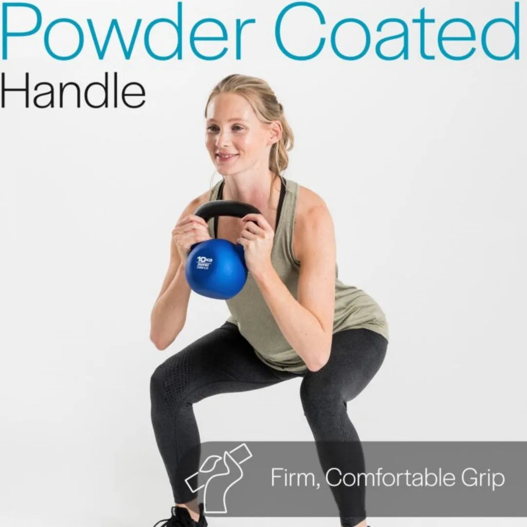 Blue cast iron teapot-shaped kettlebell dumbbell weighing 10 kg on a plain background.