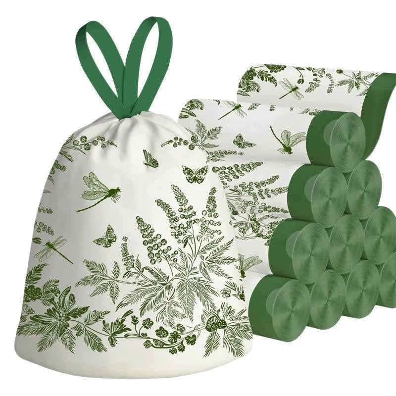 Mugwort print drawstring garbage bags, PE household bin liners with handles, supplied in rolls of 100, 50, 30, 10 or 12 pcs.