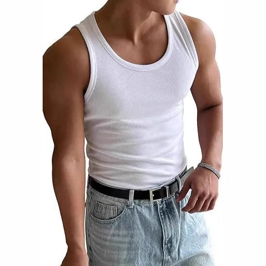 Men's tight fit round neck workout T-shirt in polyester, shown in various colours including black and blue.