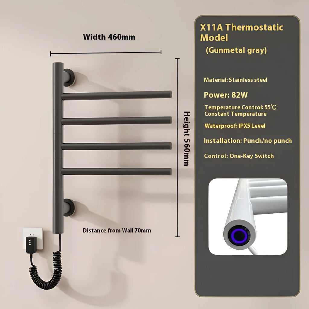 A modern black electric heated towel storage rack with five shelves, mounted on a bathroom wall.