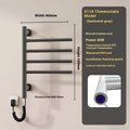 A modern black electric heated towel storage rack with five shelves, mounted on a bathroom wall.