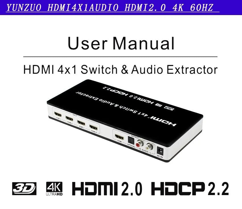 Black HDMI switch box with four input ports and one output port, shown with remote control and cable.