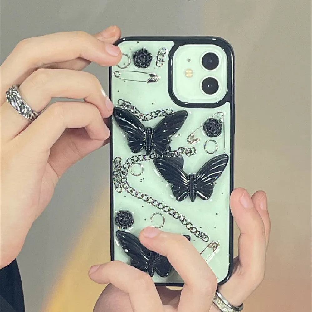 Dark wind 3D butterfly phone case with black bow and drop glue texture for Apple iPhone models.