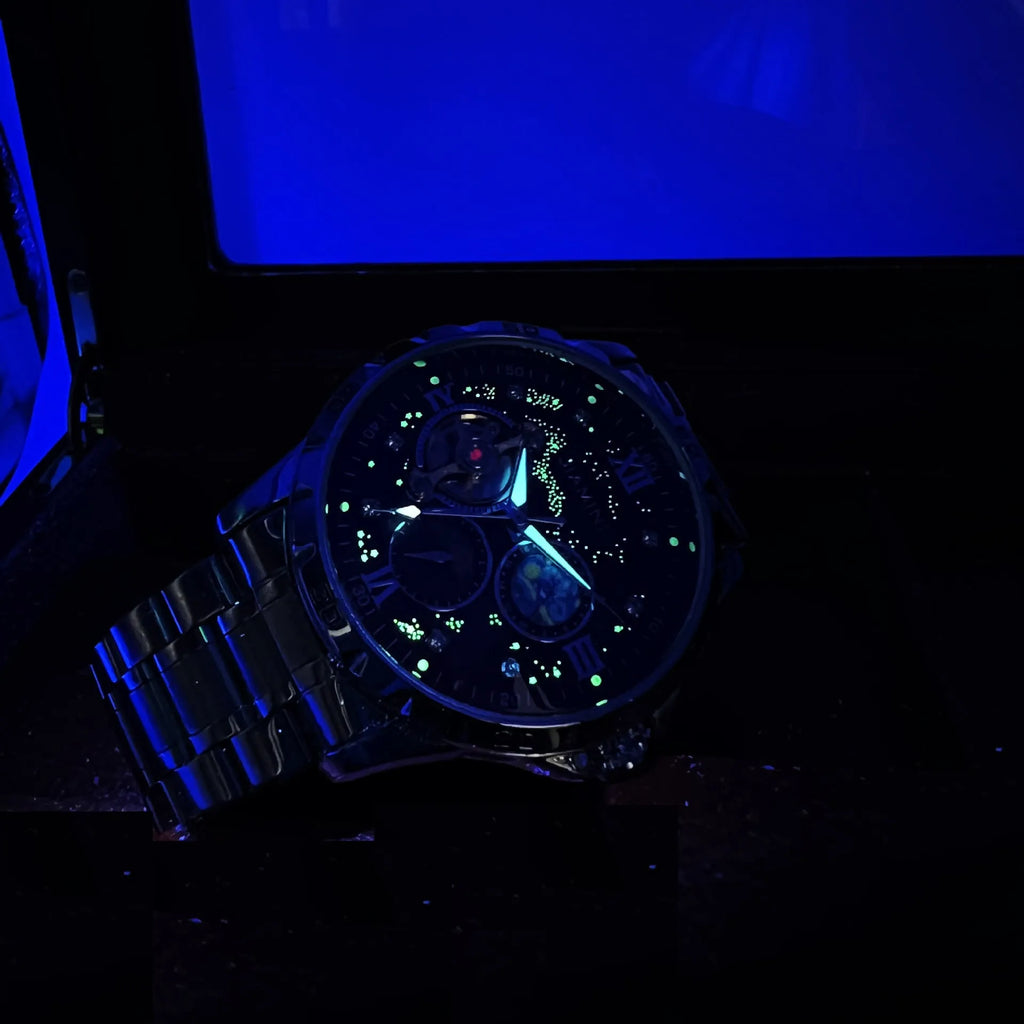Automatic mechanical men's watch with rose gold shell, black surface, and large 42mm dial