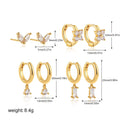 Copper geometric earrings set with electroplated gold finish showing star, ellipse, ring, and quadrilateral designs