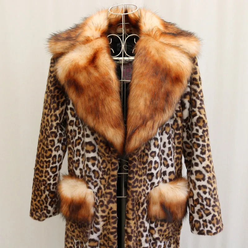 Long artificial fur jacket in leopard print, 80cm length, regular sleeves, for women's street fashion