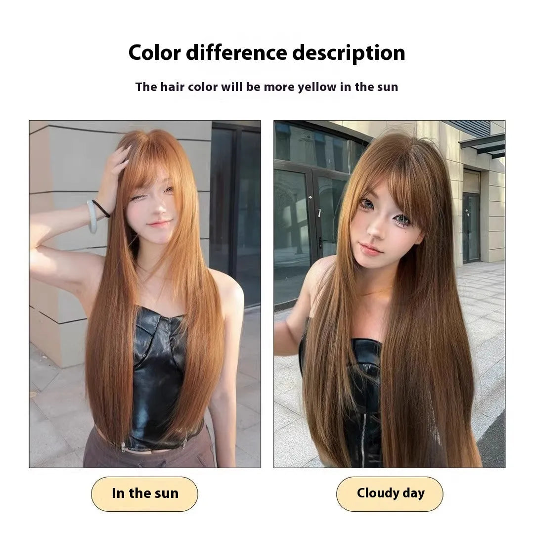 Warm tea chestnut brown long straight synthetic wig with bangs on display