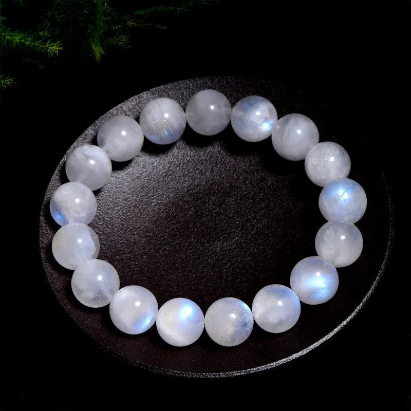 Natural blue moonlight round bead bracelet in white with polished moonstone beads, showing geometry shape and size range from 5 to 10mm