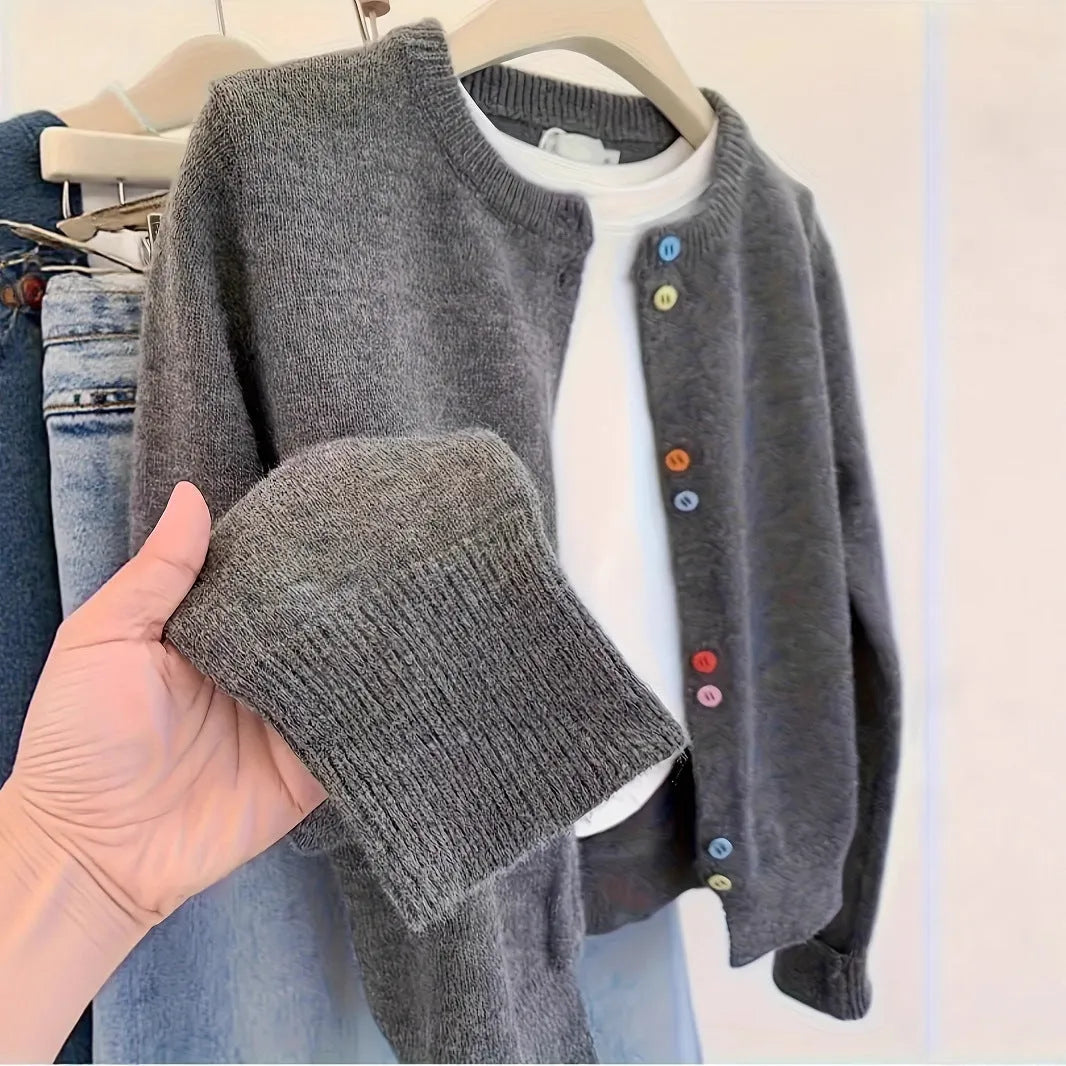 Women's dark grey button-front polyester cardigan with 50cm length and long sleeves for commuter wear