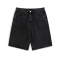Men's light blue denim shorts with five pockets and a straight-leg cut on a mid-waist.