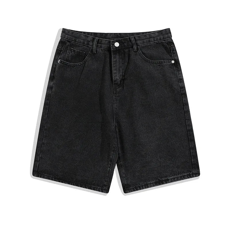 Men's light blue denim shorts with five pockets and a straight-leg cut on a mid-waist.