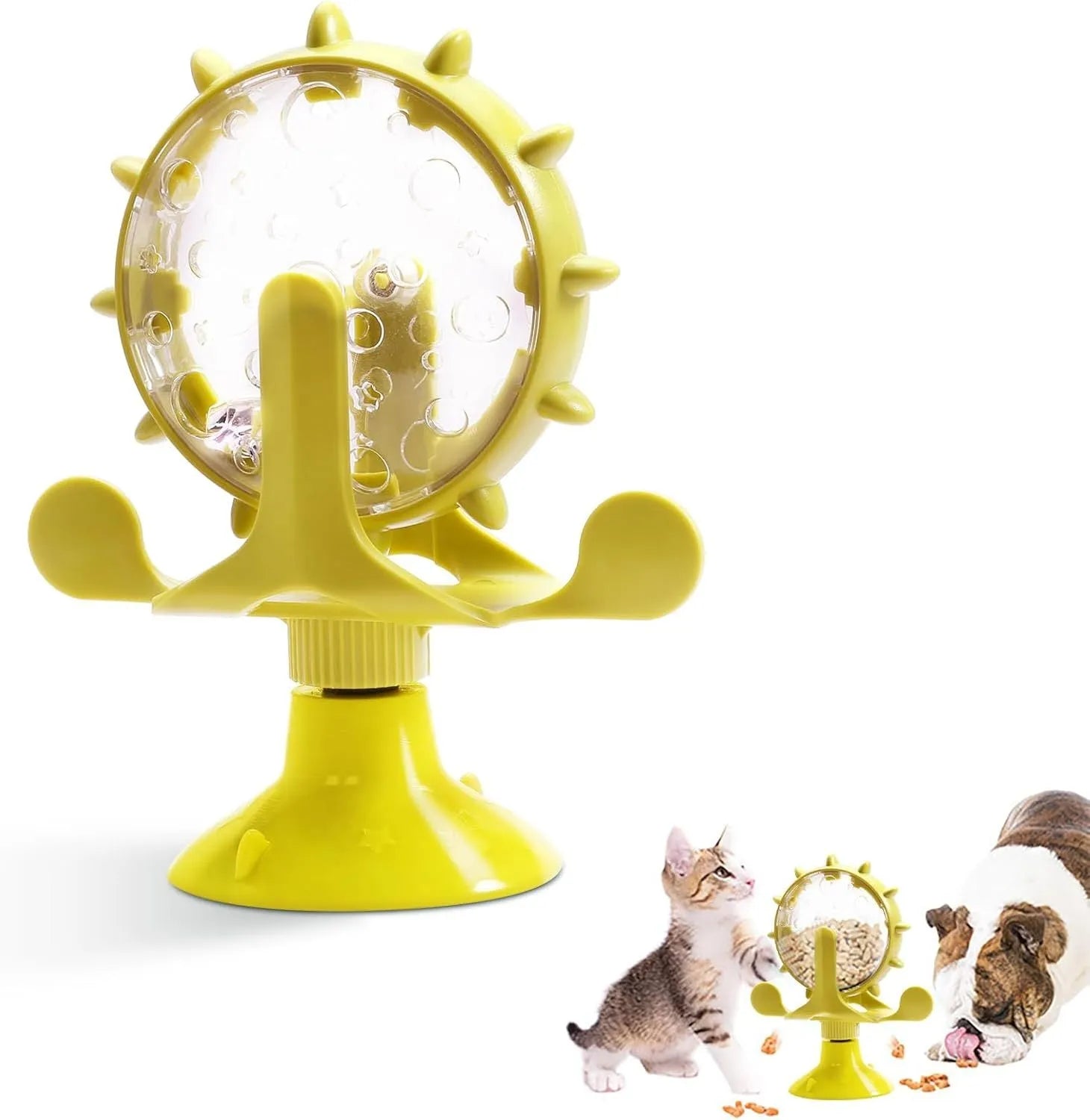 Interactive pet puzzle toy with rotating food dispenser and sucker base in blue, green, red, or yellow