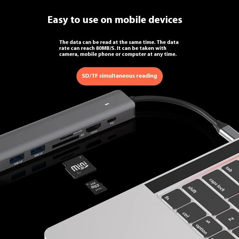LQT-LH07 7-in-1 card reader PD computer hub with multiple ports including SD, microSD, USB 3.0, and USB-C