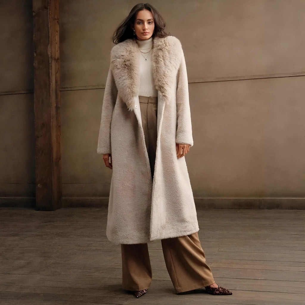 Women's long faux fur coat in wine red colour with regular sleeves