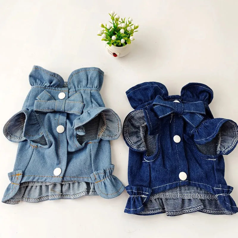 Blue denim dog dress with integrated harness and ruffled design for small to large pets