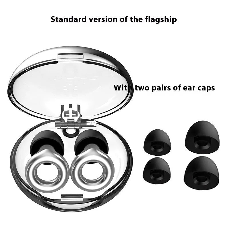Soft silicone noise reduction earplugs in five colours with storage box and spare ear caps