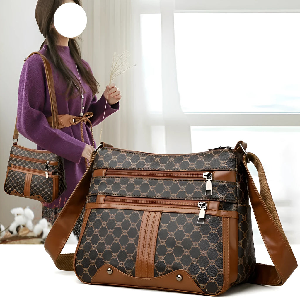 Brown women's crossbody bag with stitching pattern and shoulder strap