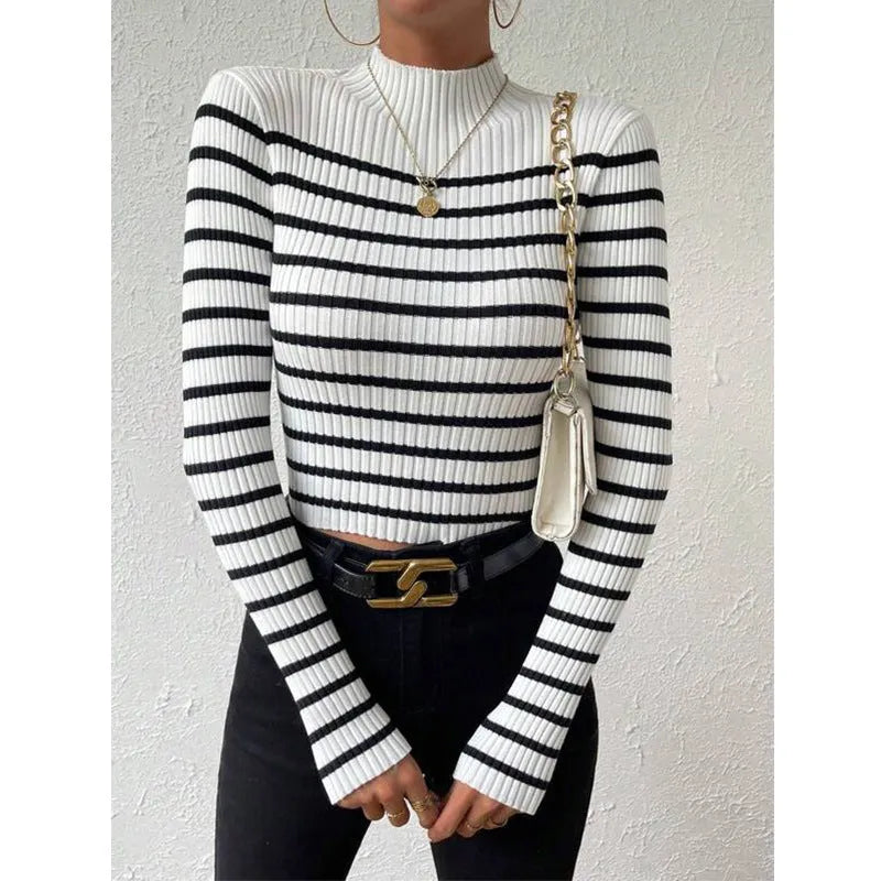 White long sleeve turtleneck sweater with sunken stripe pattern, slim fit thick acrylic pullover for women