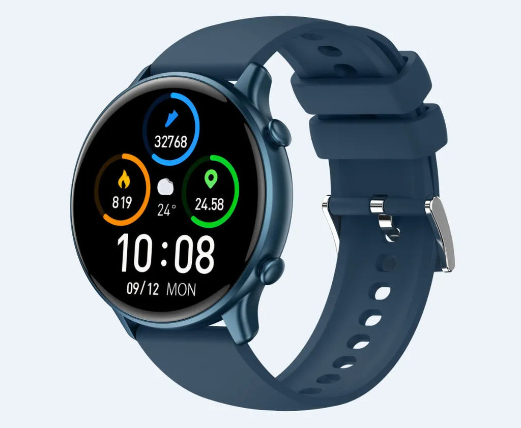 Round black smart sports watch with full touch screen and silicone strap on a wrist.
