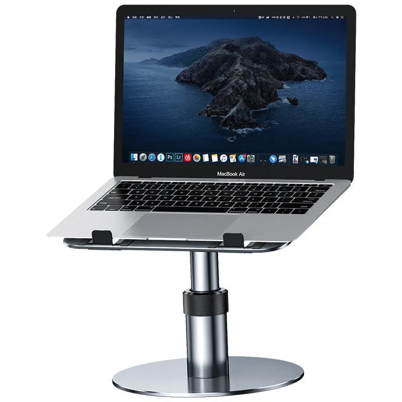 Silver aluminium car laptop stand with adjustable height and rotating pole on car back seat